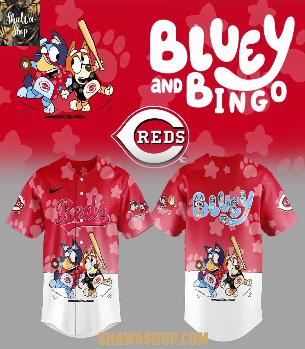 Cincinnati Reds 2025 Bluey MLB Game Night Christmas Baseball Jersey Cincinnati Reds 2025 Bluey MLB Game Night Christmas Baseball Jersey