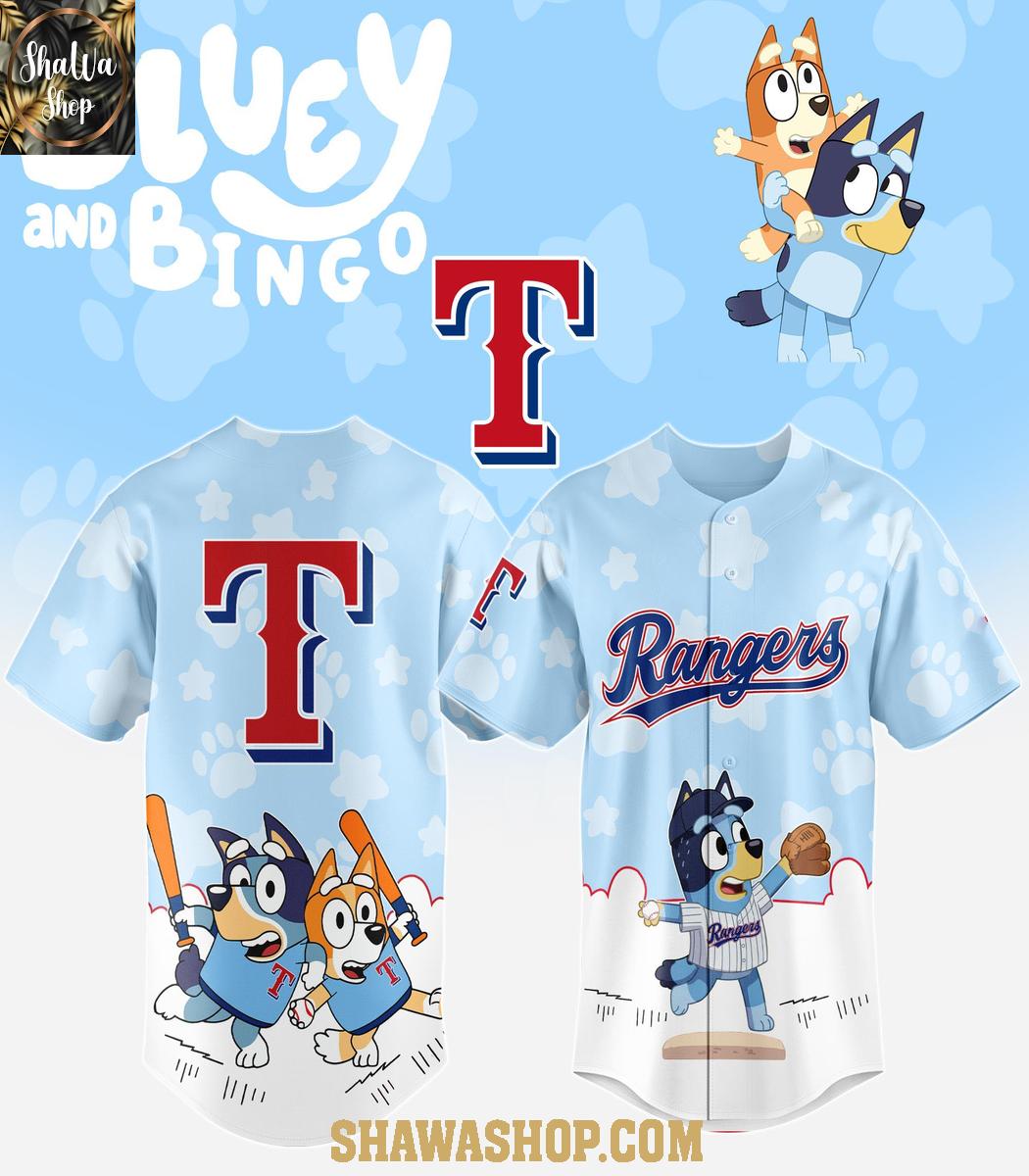 Texas Rangers 2025 Bluey MLB Game Night Christmas Baseball Jersey Texas Rangers 2025 Bluey MLB Game Night Christmas Baseball Jersey