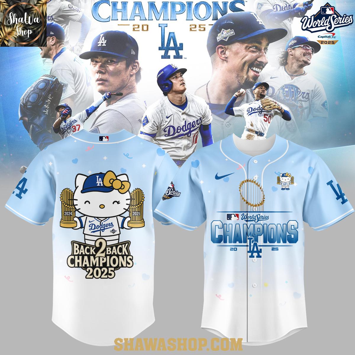 Los Angeles Dodgers Hello Kitty Celebrate 2025 World Series Baseball Jersey Los Angeles Dodgers Hello Kitty Celebrate 2025 World Series Baseball Jersey